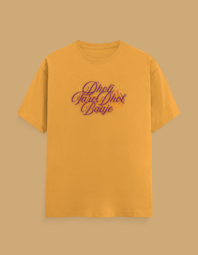 dholi-taro-dhol-baje-mens-cotton-tshirt-golden-yellow