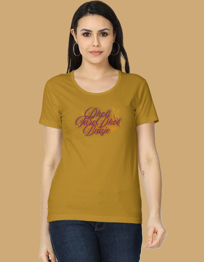 womens-classic-dholi-taro-dhol-baje-tshirt-multi-color-cotton-mustard-yellow